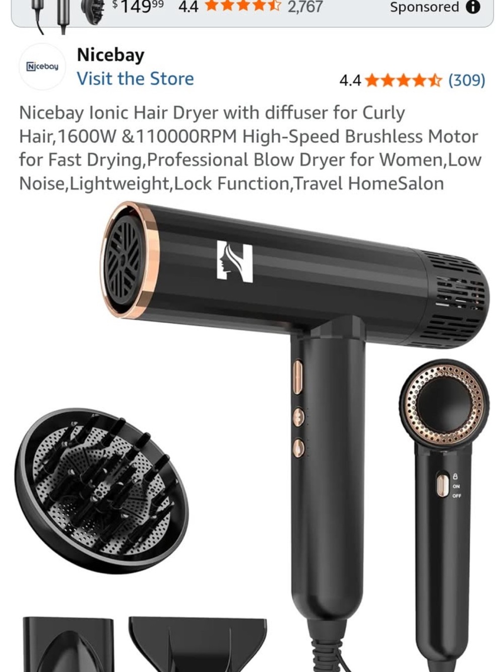 Black and Rose Gold Ionic Hair Dryer with Diffuser